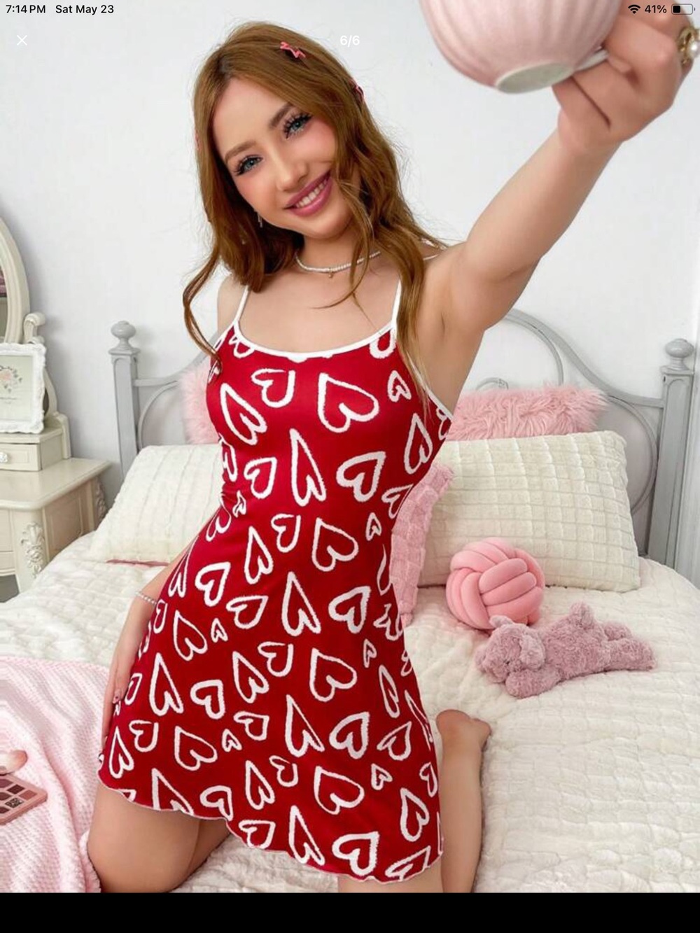 Red Heart-Print Slip Dress Nightgown - Women size xL